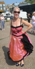 Janet Swartz wearing the Paloma Faith dress she won in the auction