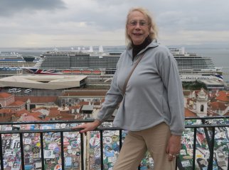 Martine in the Alfama district with Iona in the distance, Lisbon