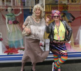 With Yvonne Cartwright in front of Debenham's window which had a FUF display